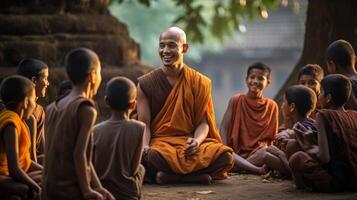 AI generated Buddhist monk talking to children Generative AI photo