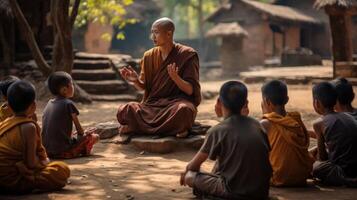 AI generated Buddhist monk talking to children Generative AI photo