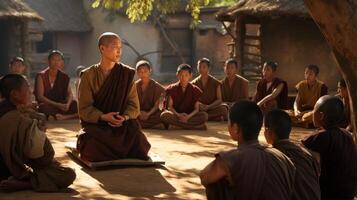 AI generated Buddhist monk talking to children Generative AI photo