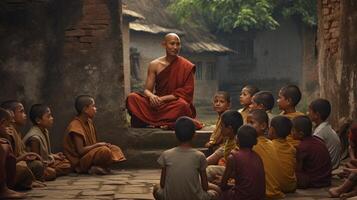 AI generated Buddhist monk talking to children Generative AI photo