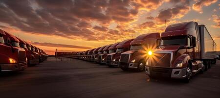 ai generado carga camión estacionamiento a puesta de sol generativo ai foto