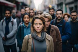 ai generado mujer en el multitud generativo ai foto