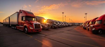 ai generado carga camión estacionamiento a puesta de sol generativo ai foto