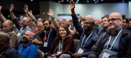 AI generated people at the conference raise their hands and vote Generative AI photo