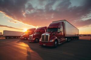 ai generado carga camión estacionamiento a puesta de sol generativo ai foto