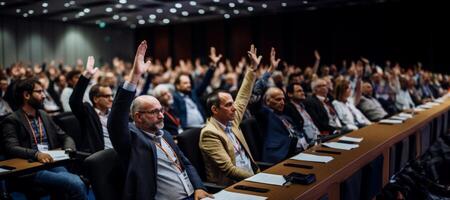 AI generated people at the conference raise their hands and vote Generative AI photo