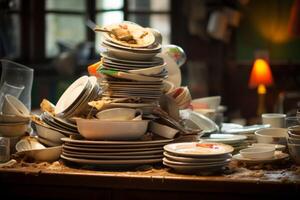 AI generated mountain of dirty dishes Generative AI photo