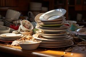 AI generated mountain of dirty dishes Generative AI photo