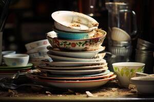 AI generated mountain of dirty dishes Generative AI photo