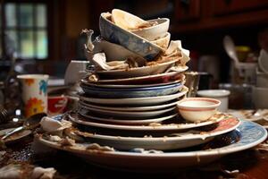 AI generated mountain of dirty dishes Generative AI photo