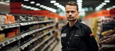 ai generado retrato de un masculino seguridad Guardia a un supermercado generativo ai foto