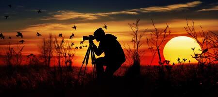 ai generado fotógrafo silueta a puesta de sol fauna silvestre generativo ai foto