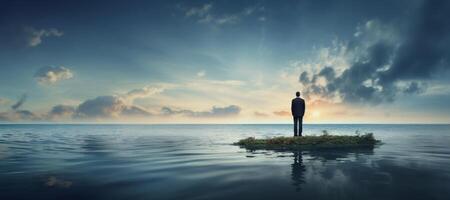 AI generated businessman stands on a lost island in the ocean Generative AI photo