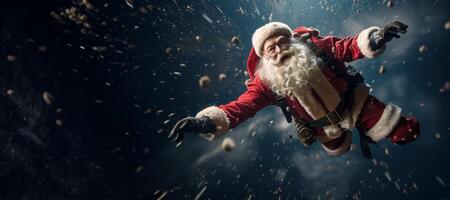 ai generado Papa Noel claus paracaidista en el cielo generativo ai foto