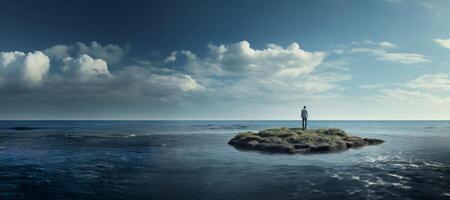 AI generated businessman stands on a lost island in the ocean Generative AI photo