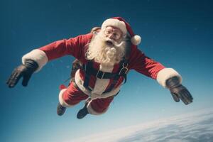 ai generado Papa Noel claus paracaidista en el cielo generativo ai foto