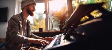 AI generated young man plays the synthesizer and sings Generative AI photo