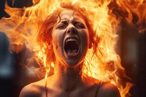 AI generated woman on fire from pain Generative AI photo