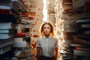 AI generated girl among the mountains of books concept Generative AI photo