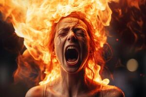 AI generated woman on fire from pain Generative AI photo