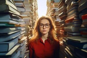 AI generated girl among the mountains of books concept Generative AI photo