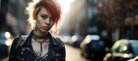 ai generado retrato de un frio punk niña en el grande ciudad generativo ai foto