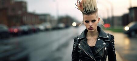 ai generado retrato de un frio punk niña en el grande ciudad generativo ai foto