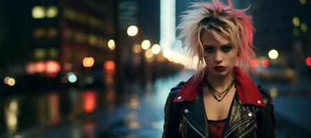 ai generado retrato de un frio punk niña en el grande ciudad generativo ai foto