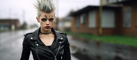 ai generado retrato de un frio punk niña en el grande ciudad generativo ai foto