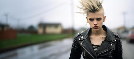 ai generado retrato de un frio punk niña en el grande ciudad generativo ai foto