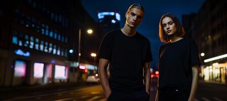 AI generated guy and girl on the street in black T-shirts Generative AI photo