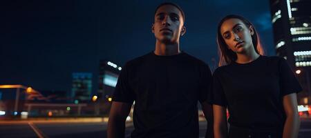 AI generated guy and girl on the street in black T-shirts Generative AI photo