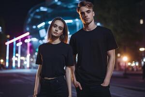 AI generated guy and girl on the street in black T-shirts Generative AI photo