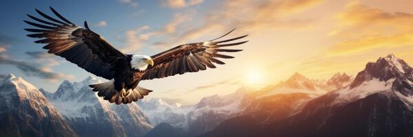 AI generated North American bald eagle flying over the mountains Generative AI photo