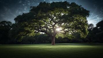 ai generado solitario árbol en el campo generativo ai foto