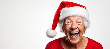 ai generado mayor mujer con Papa Noel claus sombrero en blanco antecedentes generativo ai foto