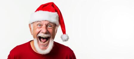 ai generado mayor hombre con Papa Noel claus sombrero en blanco antecedentes generativo ai foto