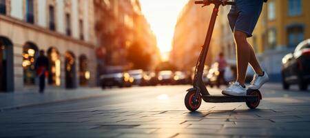 ai generado eléctrico scooter alrededor el ciudad verde transporte generativo ai foto