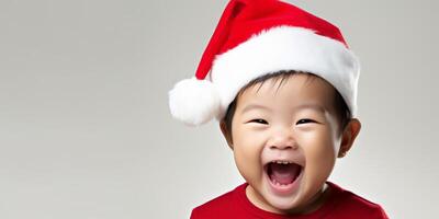 ai generado asiático niño vistiendo Papa Noel claus sombrero en blanco antecedentes generativo ai foto