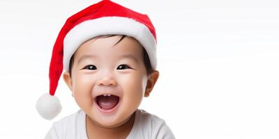 ai generado asiático niño vistiendo Papa Noel claus sombrero en blanco antecedentes generativo ai foto