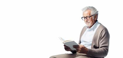 AI generated elderly man reading a book on a white background Generative AI photo