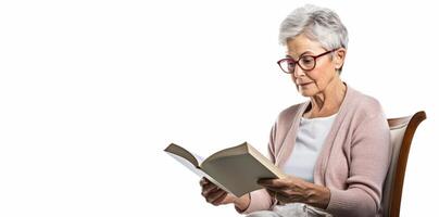 AI generated elderly woman reading a book on a white background Generative AI photo