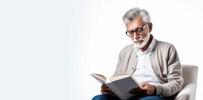 AI generated elderly man reading a book on a white background Generative AI photo