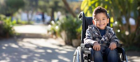 ai generado niño chico en un silla de ruedas generativo ai foto