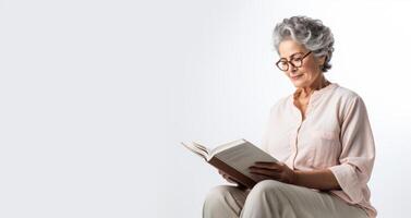 AI generated elderly woman reading a book on a white background Generative AI photo