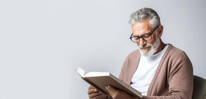 AI generated elderly man reading a book on a white background Generative AI photo