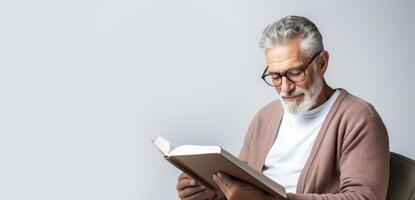 AI generated elderly man reading a book on a white background Generative AI photo