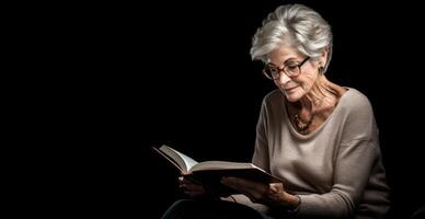 AI generated elderly woman reading a book on a black background Generative AI Generative AI photo