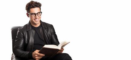 AI generated man reading a book on a white background Generative AI photo