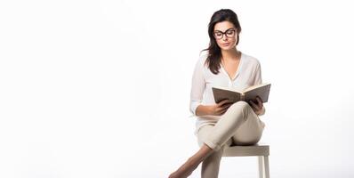 AI generated woman reading a book on a white background Generative AI photo